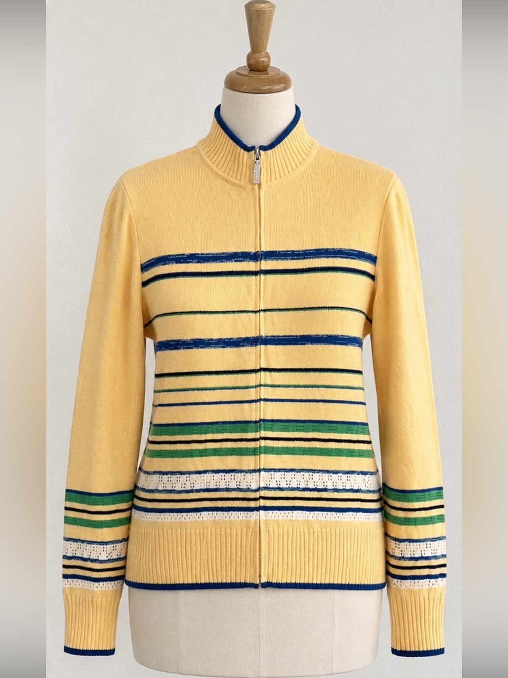 St John Sport Striped Yellow Green Women's Wool Blend Zip-Up Knit Cardigan Sz M